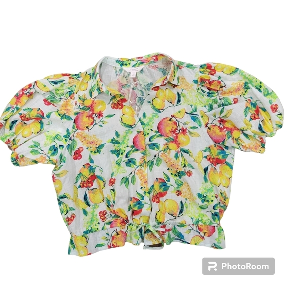 Lauren Conrad Tropical Fruit Button-Front Puff-Sleeve Top Size L - Picture 8 of 11